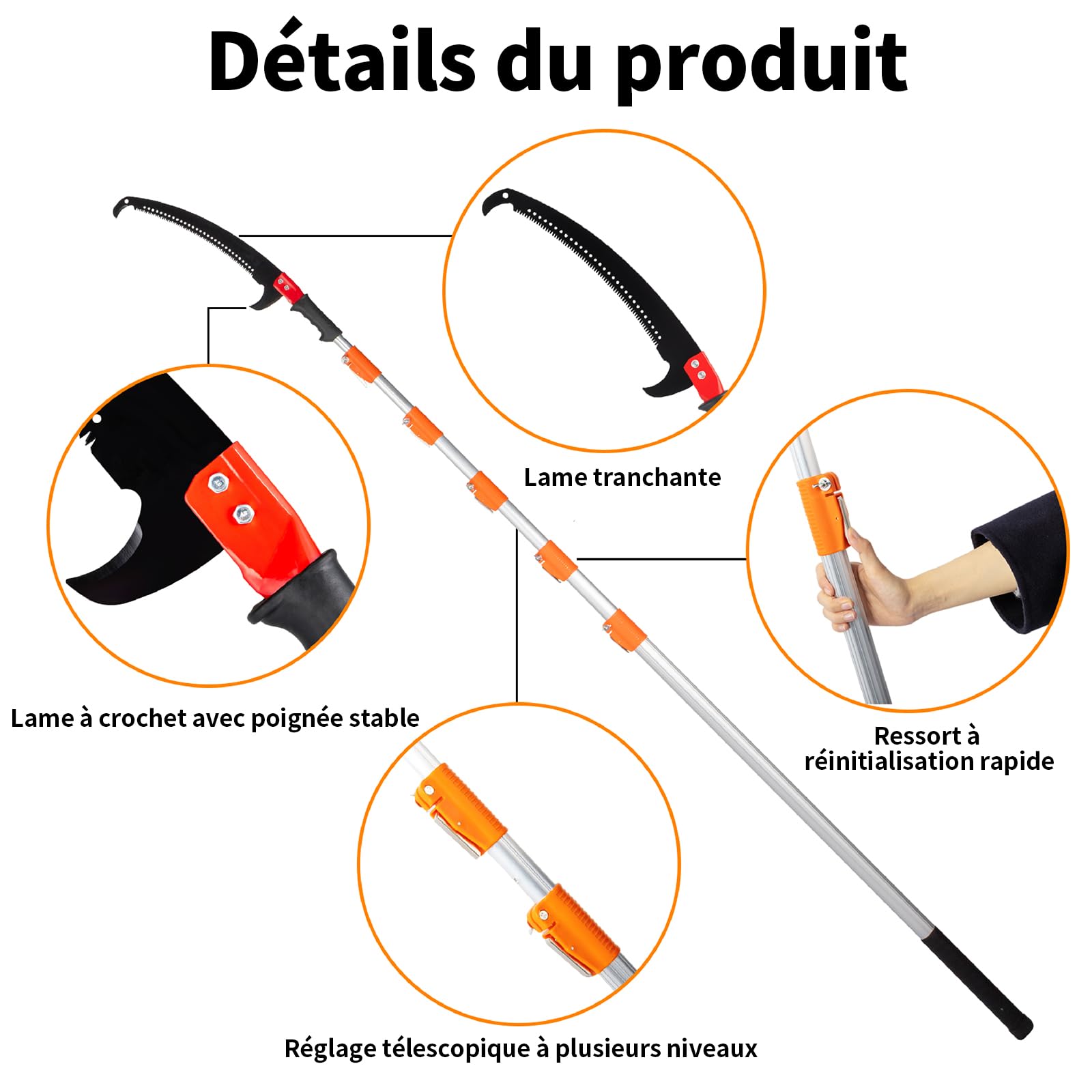 LEADZM Sierra de Pértiga Manual, Podadora de Árboles Extensible de 8 m, con cuchillas afiladas, Mango Ligero de Fibra de Vidrio, ligera y ajustable en longitud, ideal para podar palmeras y jardines