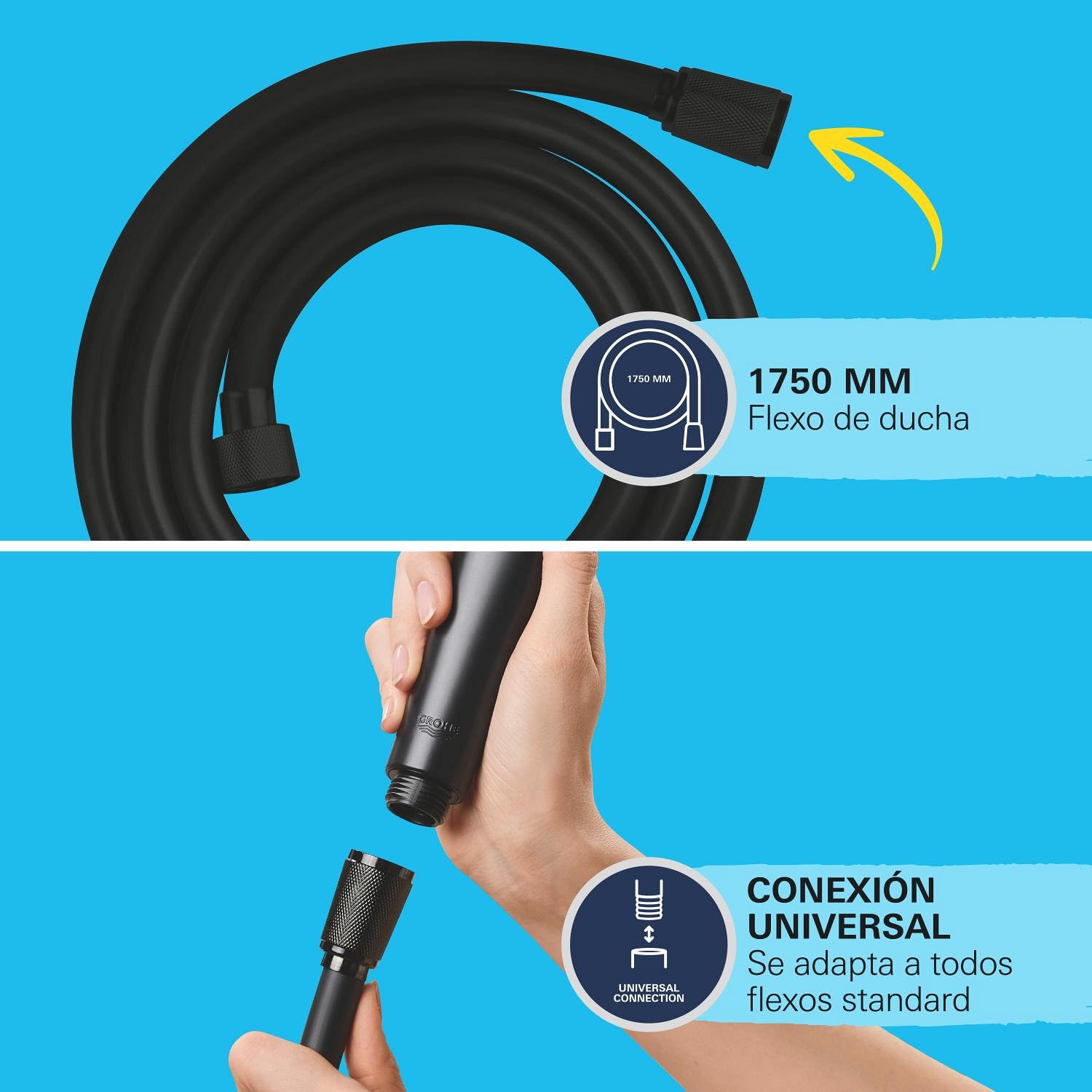 GROHE Vitalio Start 110 Juego de soporte de pared (alcachofa de ducha 2 chorros, flexo 1750mm, antical) redondo negro mate 279502431