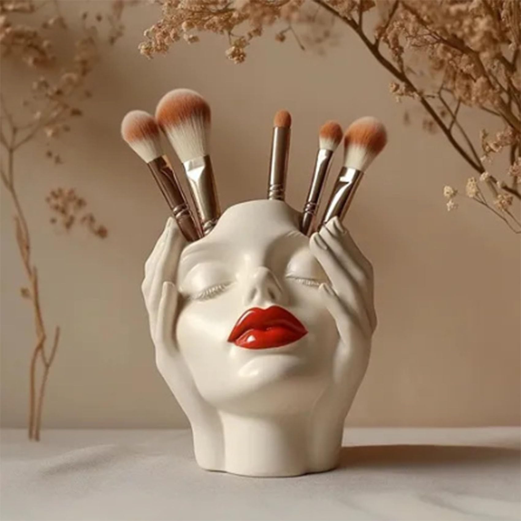 Organizzatore artistico per pennelli da trucco femminile bohémien con design dipinto a mano, confezione da 1 porta cosmetici in ceramica per decorazione da piano di lavoro (bianco crema, 12 x 8