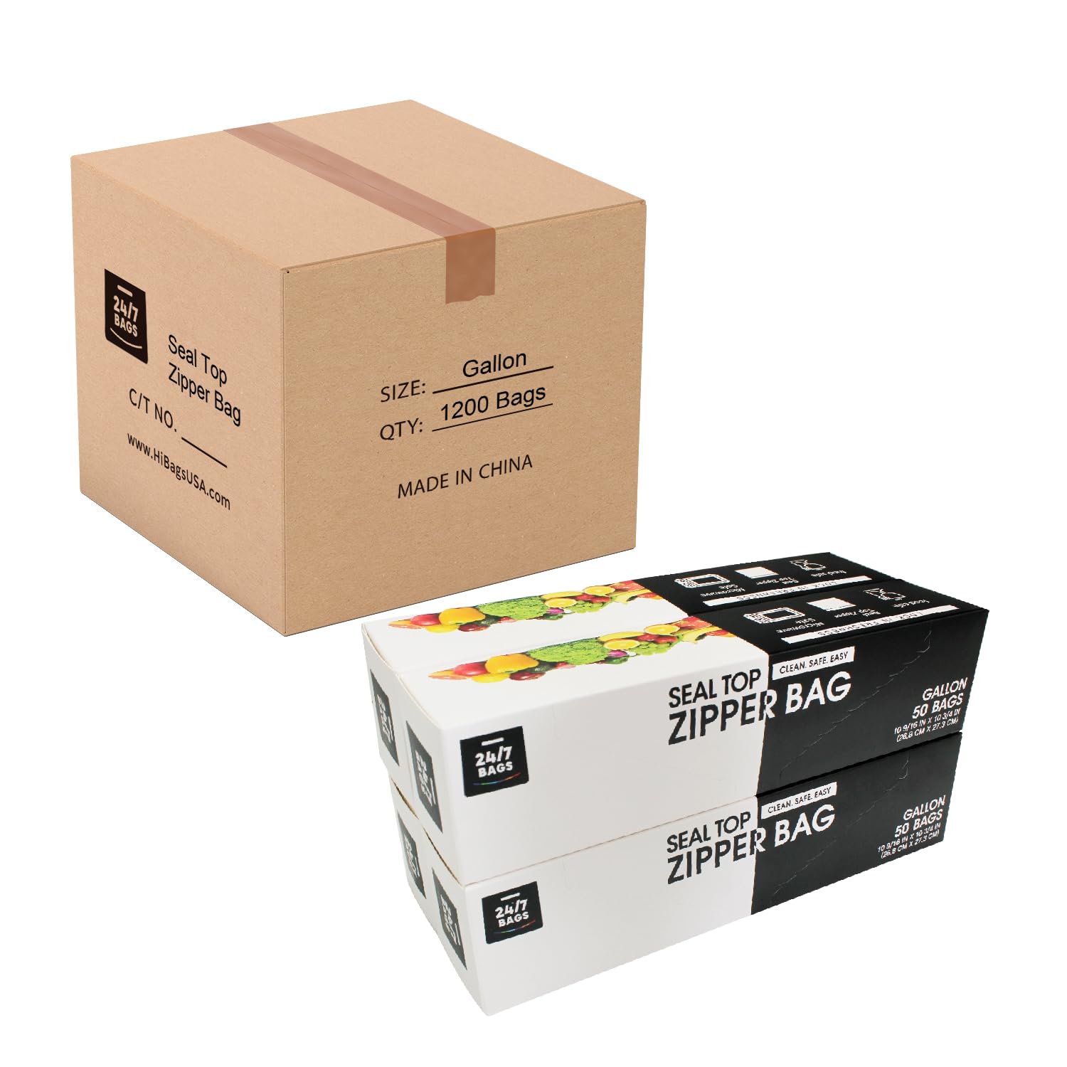 24/7 Bags- Gallon Zip Storage Bags, Case Pack 1200 Count, Double Zipper Seal, Easy Grip Open Tabs, Write-On Space, BPA-Free & Heavy Duty, 24 Boxes of 50