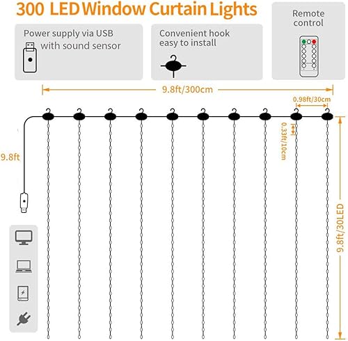 Miniatura 6 de Epidgadget - Tira de luces para cortina de ventana, 300 luces LED alimentadas por USB, alambre de cobre con control remoto para bodas, fiestas,