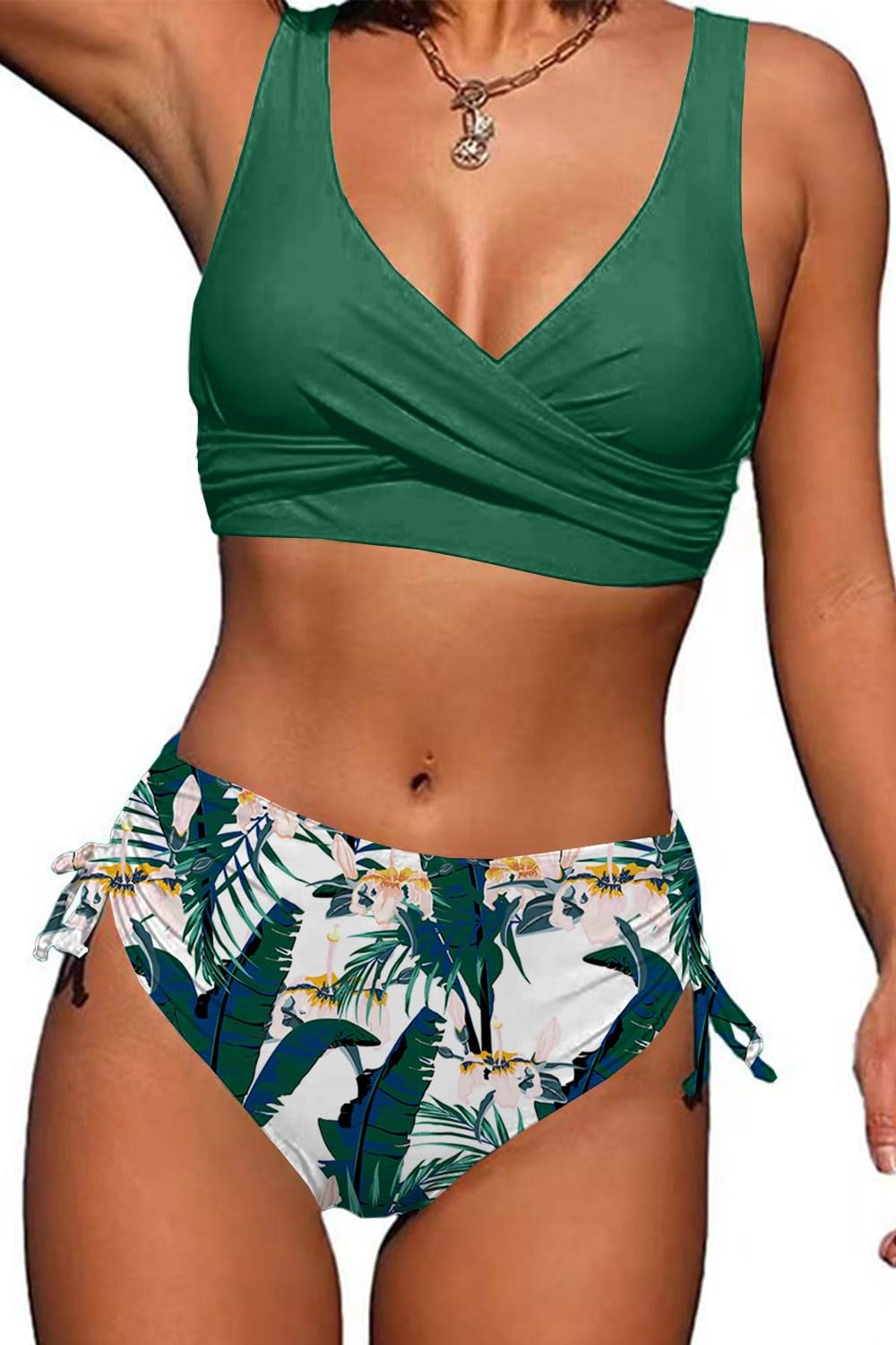 Yutdeng Conjunto de Bikini Mujer Push Up Sexy Traje de Baño Dos Piezas Estampado Floral Bikinis Cintura Alta Fruncido Bañador Cuello en V Cruz Relleno Tops y Braguitas Control de Vientre Cordón Slim