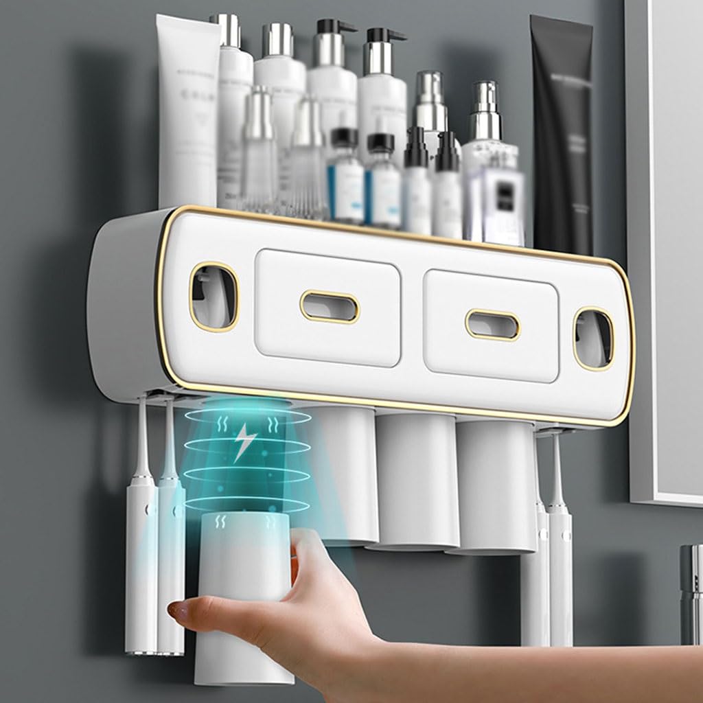 Estante para Cepillos de Dientes Portaspazzolino Bianco Avorio da Parete, Scatola portaoggetti Multifunzionale for Bagno, con Doppi Dispenser for dentifricio(L40.5cm)