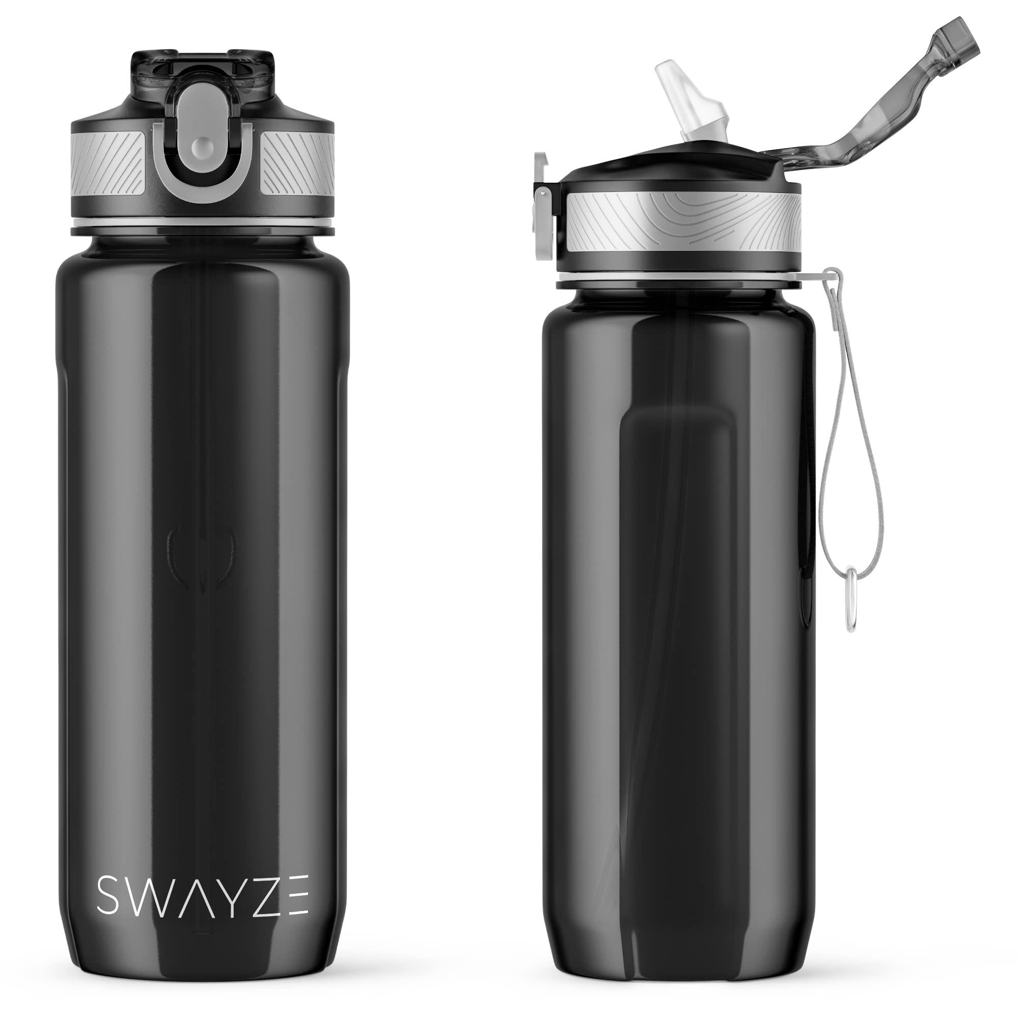 Personalised INITIALS Water Bottle with Straw 800ml Water Bottle, BPA Free Leakproof Lockable Flip Lid Drink Bottle Sports Gym School Camping Office Walking (Black - Plain)