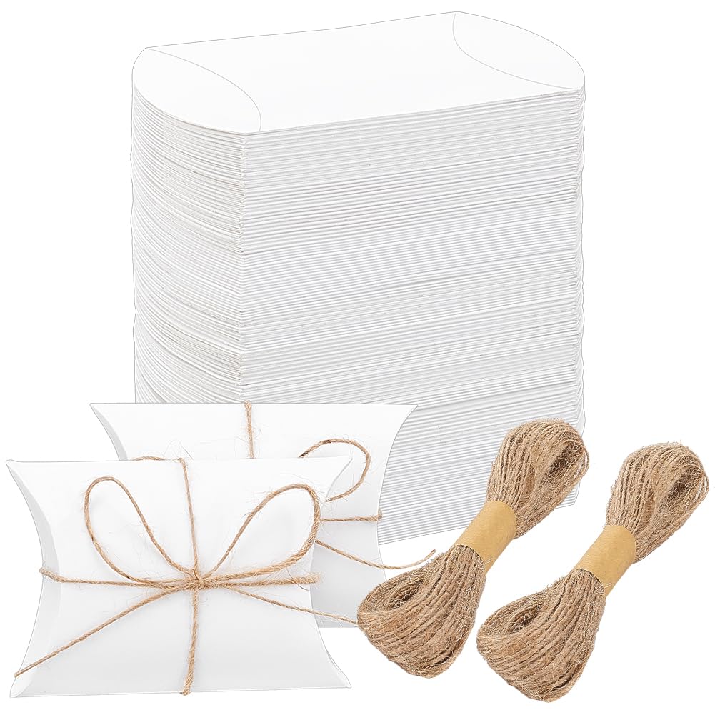 BENECREAT 100 Sets Cardboard Paper Pillow Box, 7.2x6.5x2.5cm/2.8x2.6x1 Inch White Pillow Favor Box with Jute Twine and Mailer Boxes for Wedding Favors Birthday Party