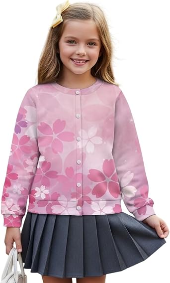 ZDCUSTOM Girls Varsity Jacket Winter Baseball Coat Button Down Ribbed Cuff Coat Crew Neck Long Sleeve Jacket for Kids