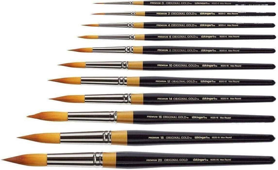 KINGART Premium 11 pc. Original Gold 9020 Series Ultra Round Artist Brush Set, Synthetic Golden Taklon Hair for Watercolor, Acrylic, Gouache and Oil Paint, Short Handle, Set of 11 Sizes: 0-20
