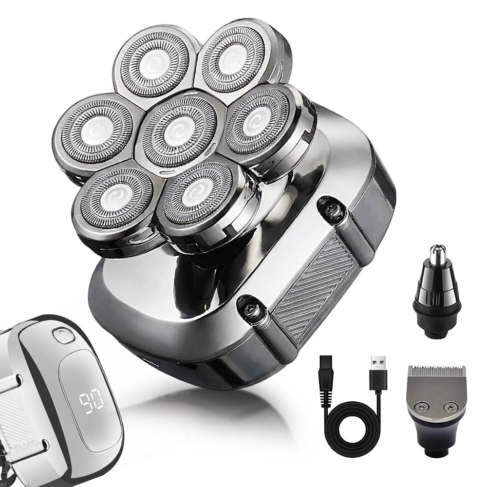 3-in-1 Electric 7D Head Shavers for Bald Men, Dry & Wet Bald Head Shaver, Electric Razor for Men Face, Men‘s Rotary Shaver, Waterproof Grooming Kit, Cordless USB Rechargeable, LED Display