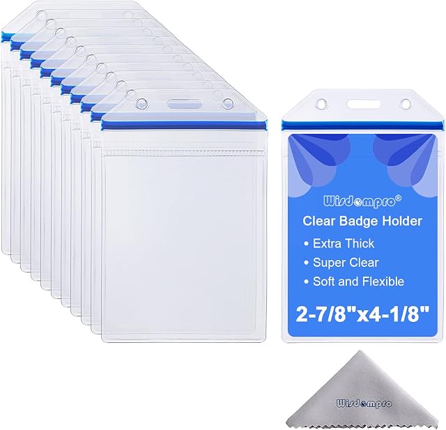 Wisdompro ID Card Holder, 10 Pack Clear Extra Thick Heavy Duty Vinyl Badge Holder with Ziplock for Multiple Cards - Blue Zip (Vertical)