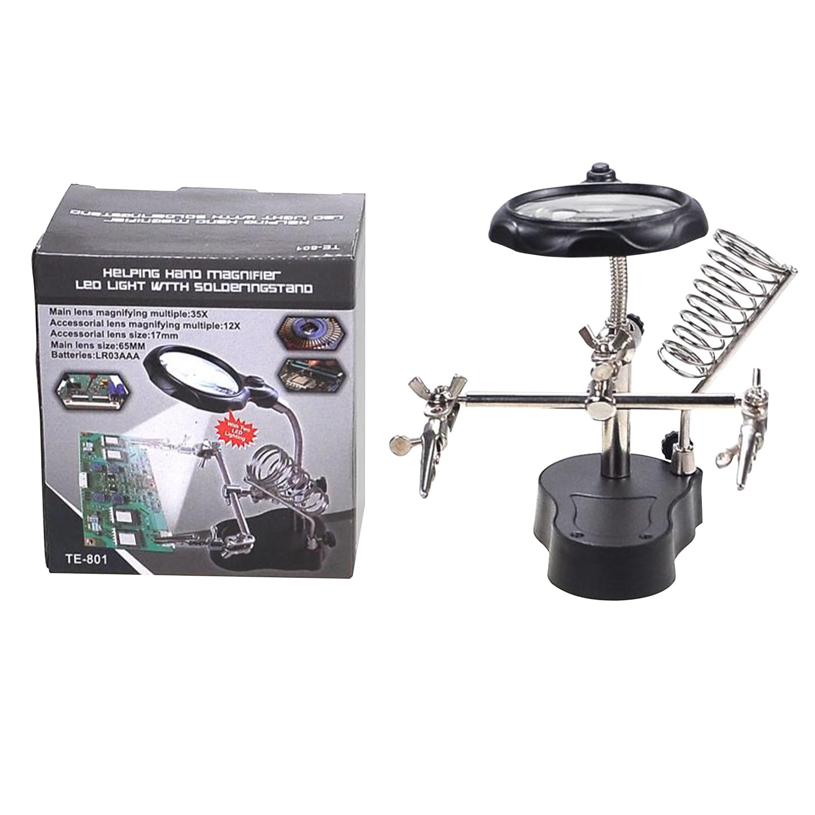 Soporte de soldadura con lupa LED y pinzas ajustables para reparación de componentes