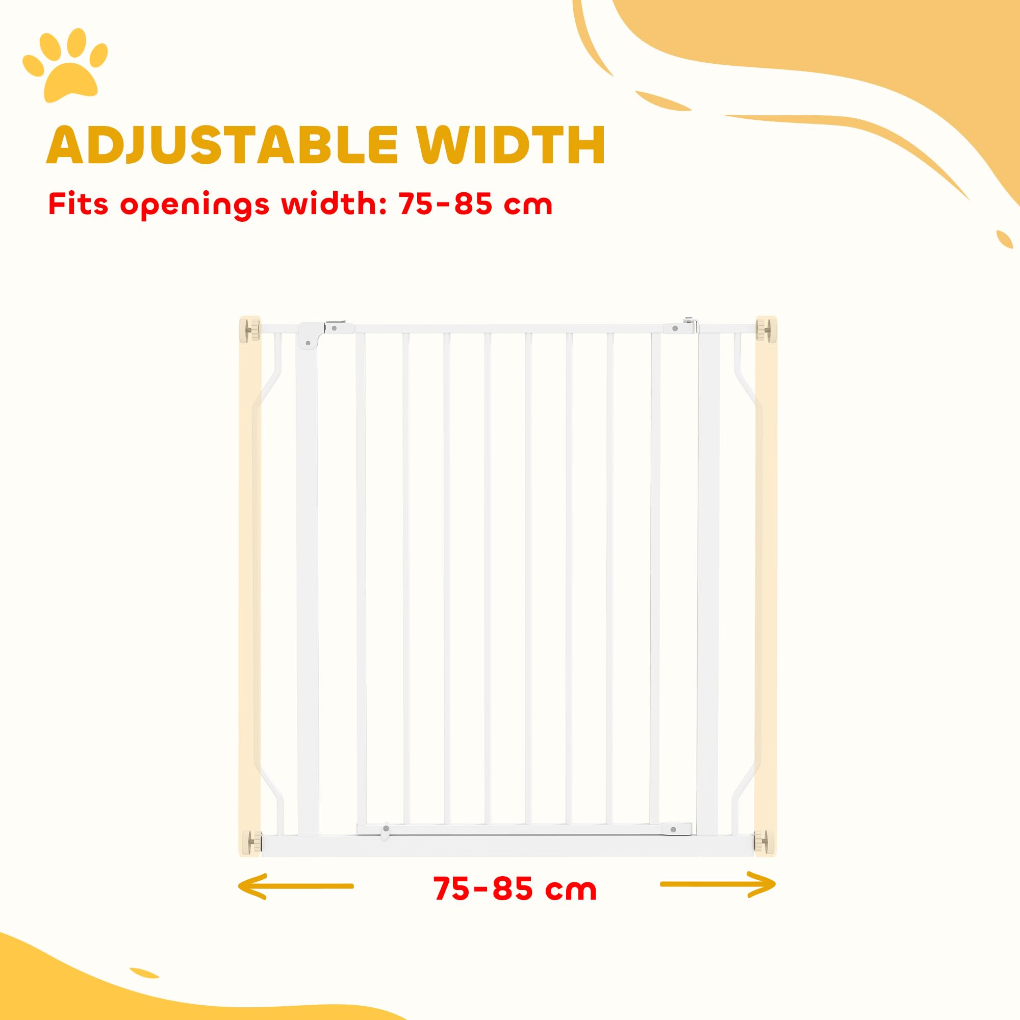 PawHut Dog Gate Wide Stair Gate w/ Door Pressure Fit Pets Barrier for Doorway Hallway, 76H x 75-85W cm - White - Image 4