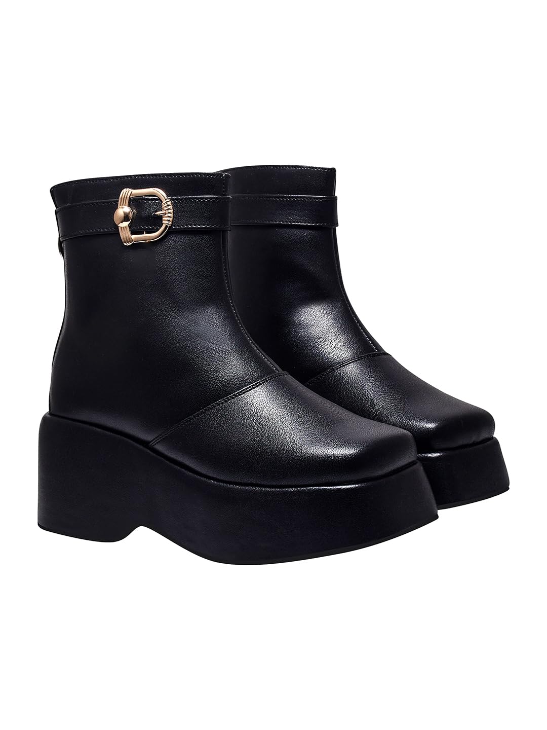 Women's Platform Ankle Boots – Faux Leather Slip-On Boots with Gold Buckle Detail and Wedge Heel-image-30