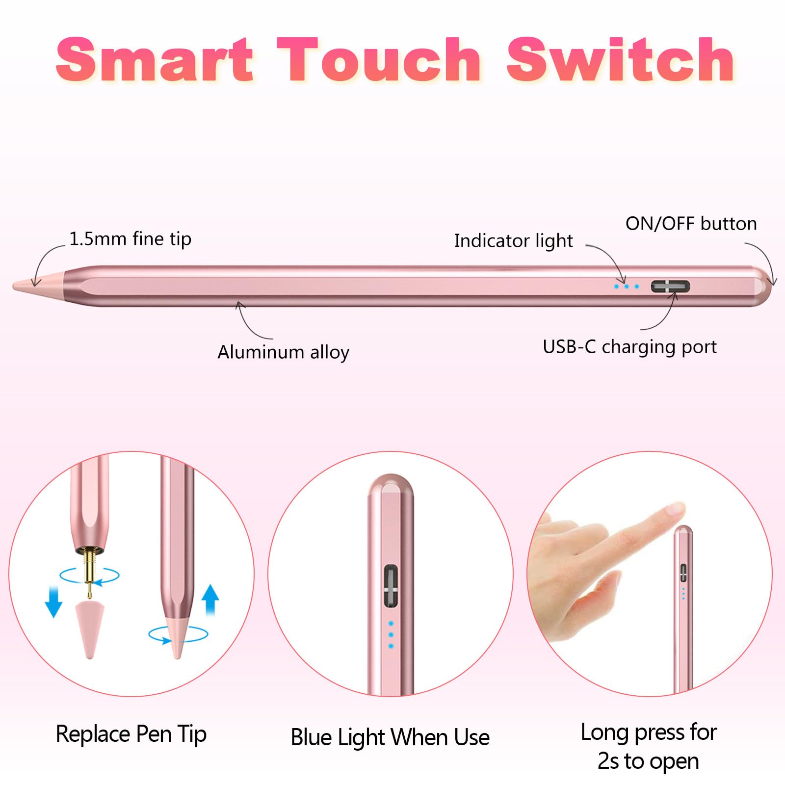 Pennino capacitivo per Apple iPad 2018-2024 KBCASE Apple Pencil compatibile con iPad 10/9/8/7/6th Gen, iPad Mini 6/5th Gen, iPad Air 5/4/3th, iPad Pro 11/12.9" con ricarica rapida di 15 minuti, 5