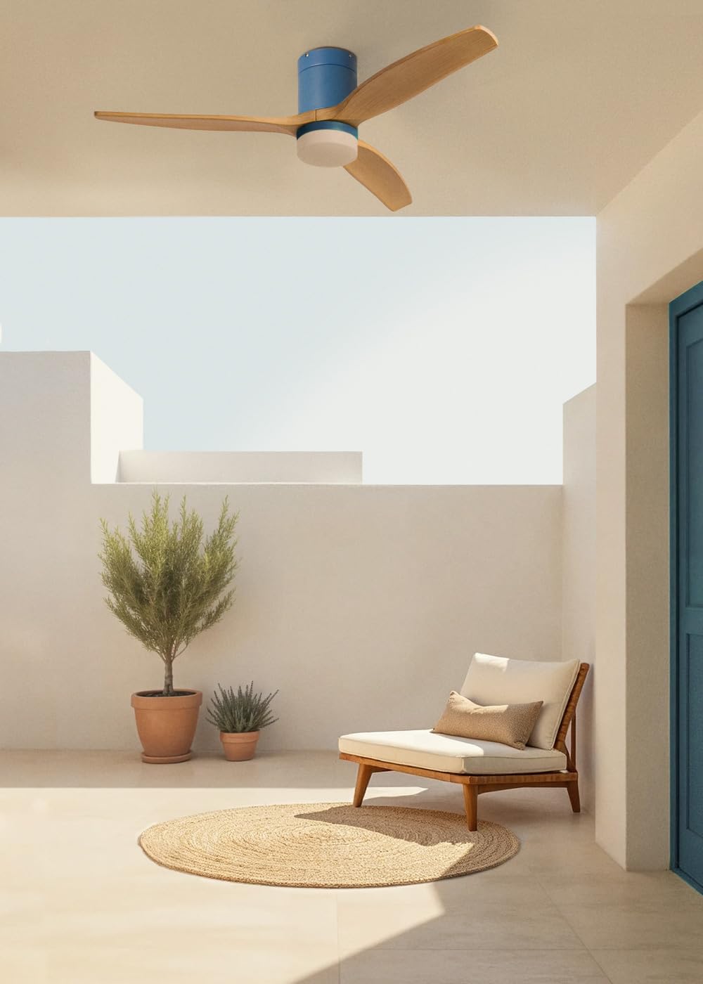 CREATE / WINDCALM M/Ventilador de techo ABS con luz azul cobalto efecto aspas madera clara con Wifi y mando / 40W, Temporizador, Ø132 cm, 3 temperaturas de luz, función verano-invierno