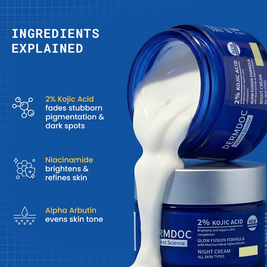 DERMDOC 2% Kojic Acid Glow Fusion Formula Night Cream, 80g | Niacinamide & Alpha Arbutin | Skin Brightening Face Cream | Reduces Dark Spots & Pigmentation | Even & Glowing Skin | Minimizes Pores 1