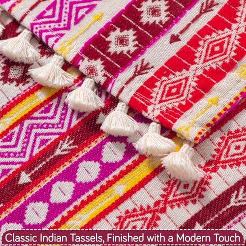 Image of HOKIPO L Shape (2+2 Seater) Sofa Cover Seat Mat | 300 GSM Cotton Acrylic Jacquard Fabric with Tassel, 'Trivana Series' Hot Pink (IN-934+935-J3)