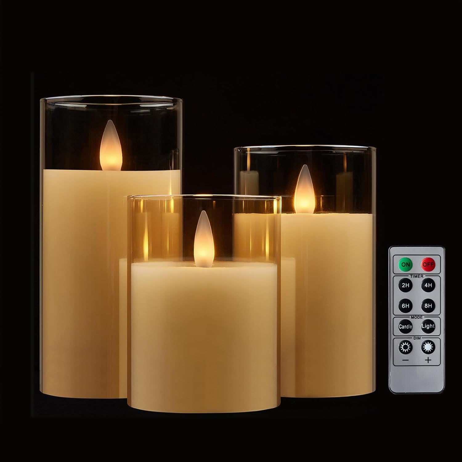 Glass Flameless Pillar Candles Flickering with Remote Timer, Battery Operated LED 3D Moving Flame Real Wax Candles,Remote Included (Champagne)