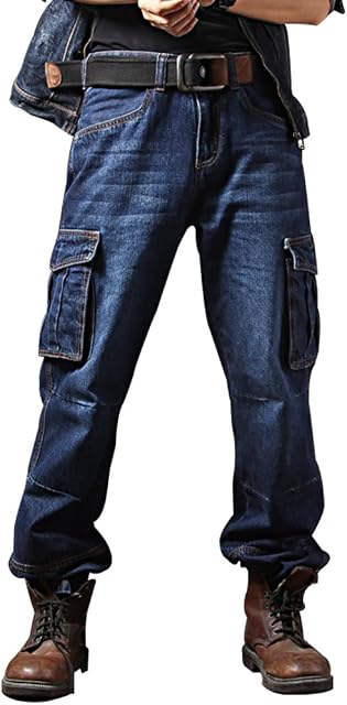 Idopy Vêtements de travail de moto occasionnels Multi Poches Denim Biker Cargo Jeans Pantalons