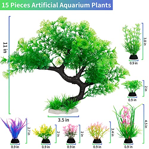 Image of MyLifeUNIT Fish Tank Decorations, 15 Pack Artificial Aquarium Plants Tree Set for Fish Tank Decor (Green Set)
