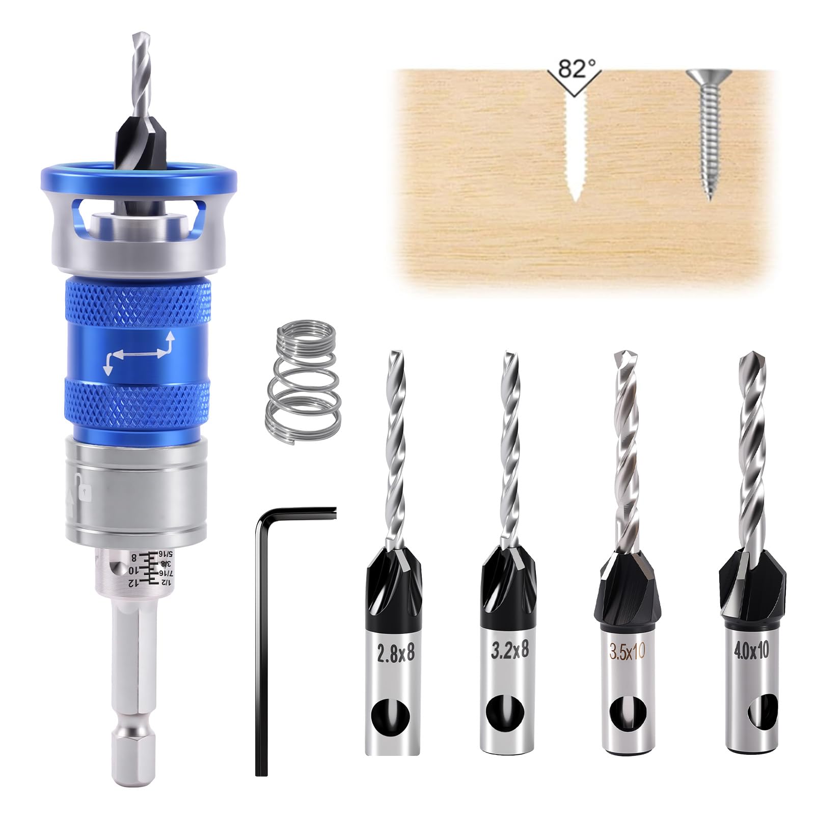 Brocas Avellanadoras, Taladro Avellanador, Fresa para Madera, Broca de Fresada con Tope de Profundidad Ajustable de Aluminio con Varilla Hexagonal de 1/6 Cabeza