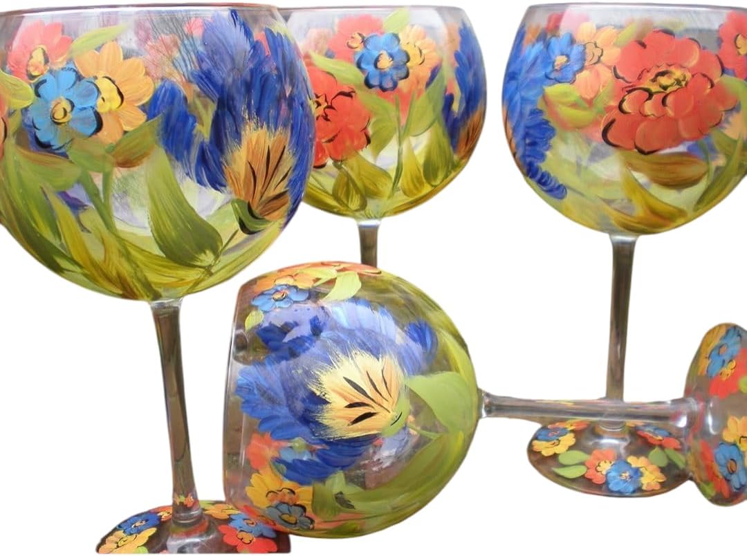 Hand Painted blue feathery tulips/orange poppies goblets. Set of 4