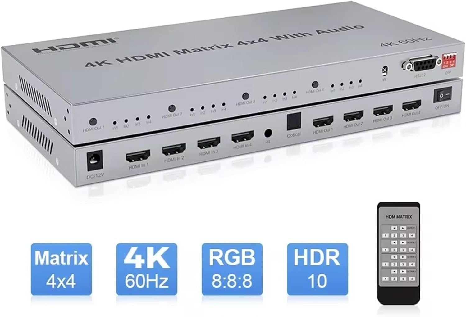 4K 60Hz HDMI True Matrix Switch 4x4 with R/L Audio Extractor HDR Video Matrix HDMI 2.0 Switcher Splitter 4 in 4 Out HDCP2.2 EDID(4K 30Hz HDMI 1.4,US Plug)