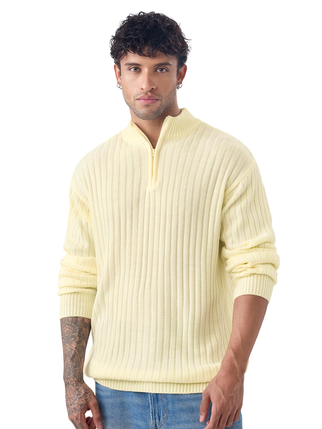 the souled store Butter Yellow Men and Boys Long Sleeves Mock Neck Solid Ribbed Acrylic Lightweight Casual Oversized Fit Pullover Sweater-picture-41