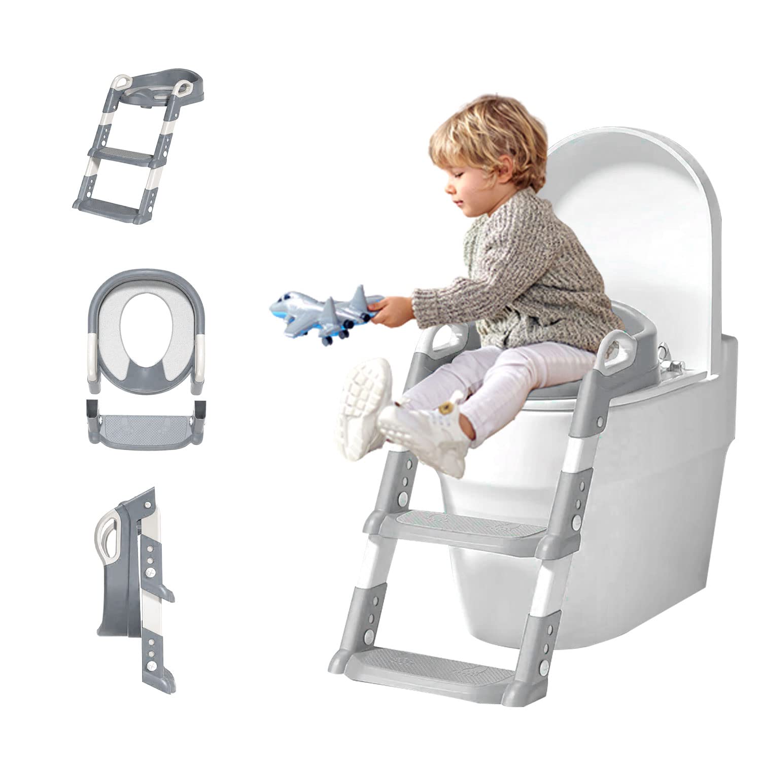 Toddlers Potty Training Toilet Seat with Step Stool Ladder for Kids | Foldable Anti-Splash Guard Soft Cushion Handle for Baby Boys - Assistant Ring with Handles and Backrest (Toilet Seat with Ladder)
