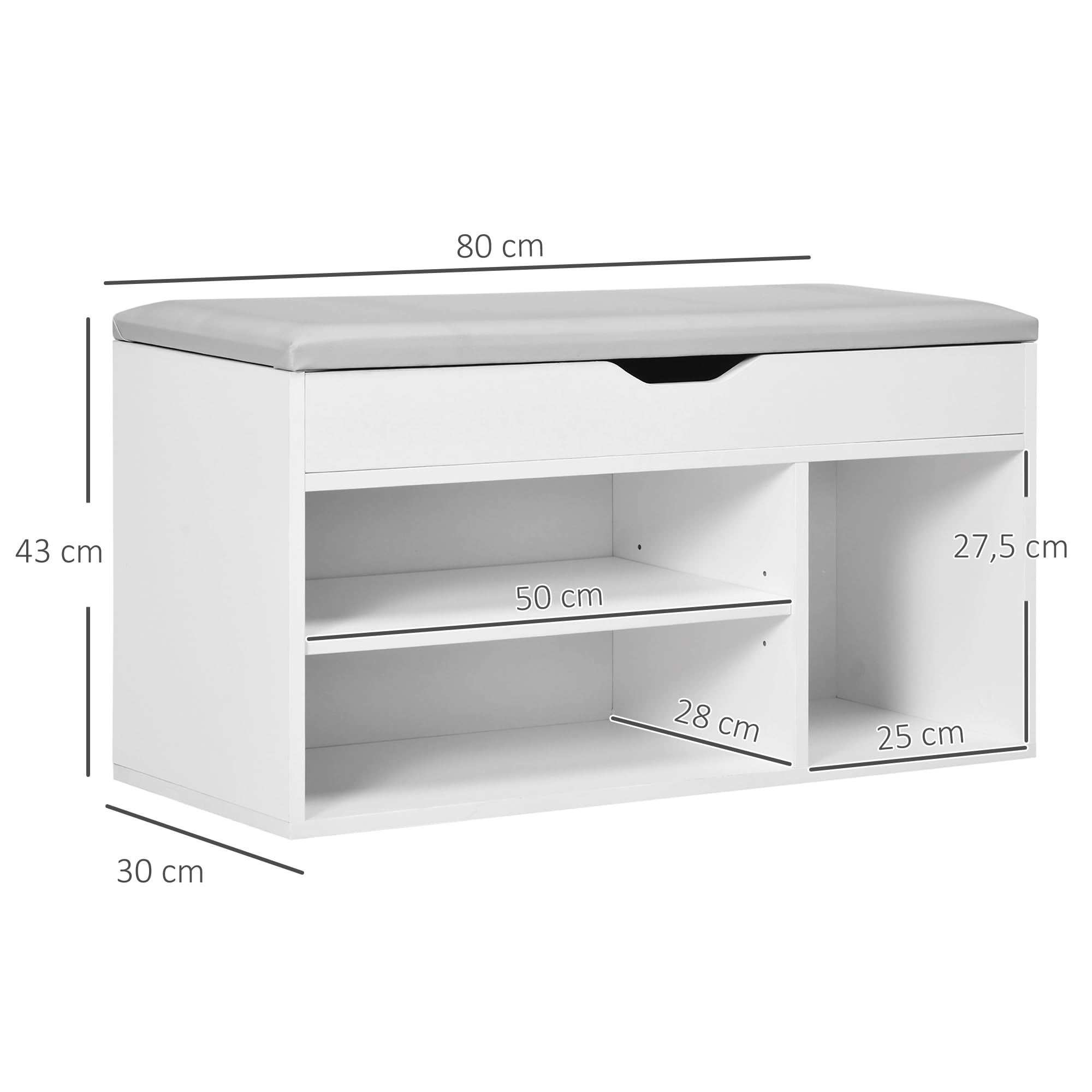 HOMCOM Armario Zapatero para Almacenamiento Banco de Zapatero con Asiento Estantes Cajón y Cojín Dos Niveles para Entrada y Recibidores Moderno Carga MAX 120kg 80x30x43cm Blanco