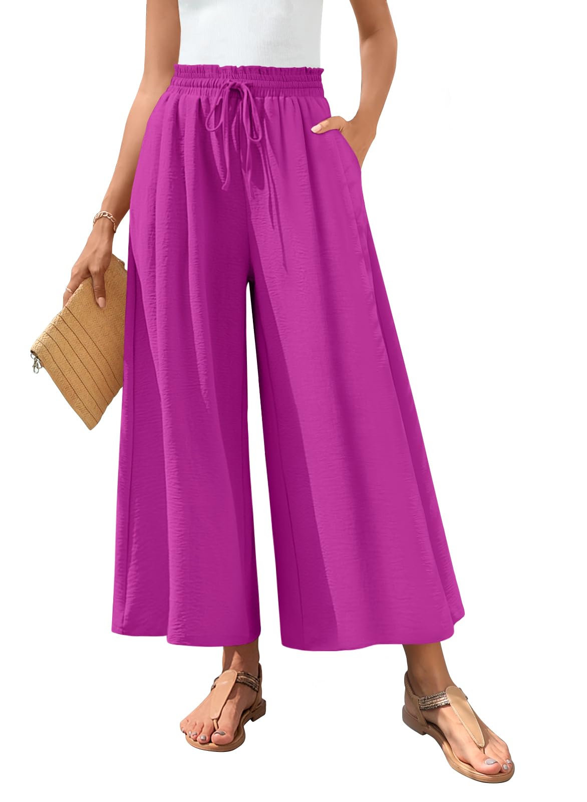 Bestbee Womens Wide Leg Palazzo Pants Dressy Casual Plus Size Gaucho Pant Business Flowy Slacks Elastic Waist with