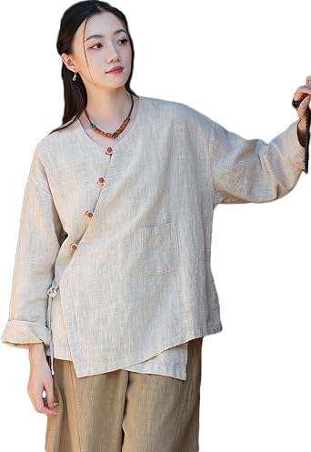 Womens Kimono Cardigan Cotton Linen Long Sleeve Wrap Button Front Chinese Hanfu Costume Irregular Shirt Tops