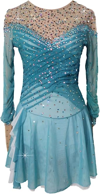 Womens Long Sleeve Figure Skating Dress Shiny Rhinestones Ice Skating Dress for Performance & Competition