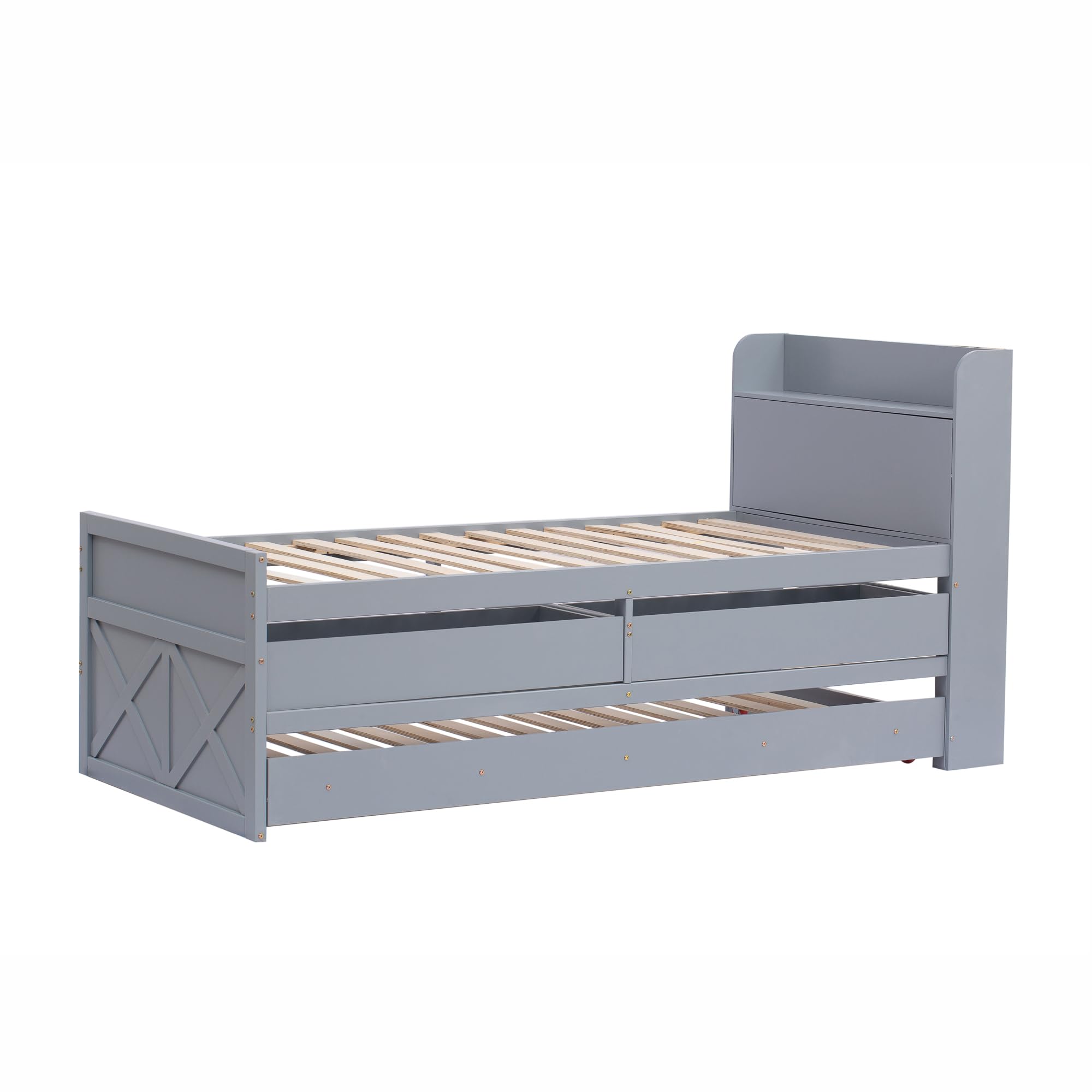 Letto singolo 90x190 cm, letto in legno massiccio di pino multifunzionale con cassetto estraibile, rete a doghe, comodino con ripiani e presa USB, letto per ragazzi e ospiti (Grigio)