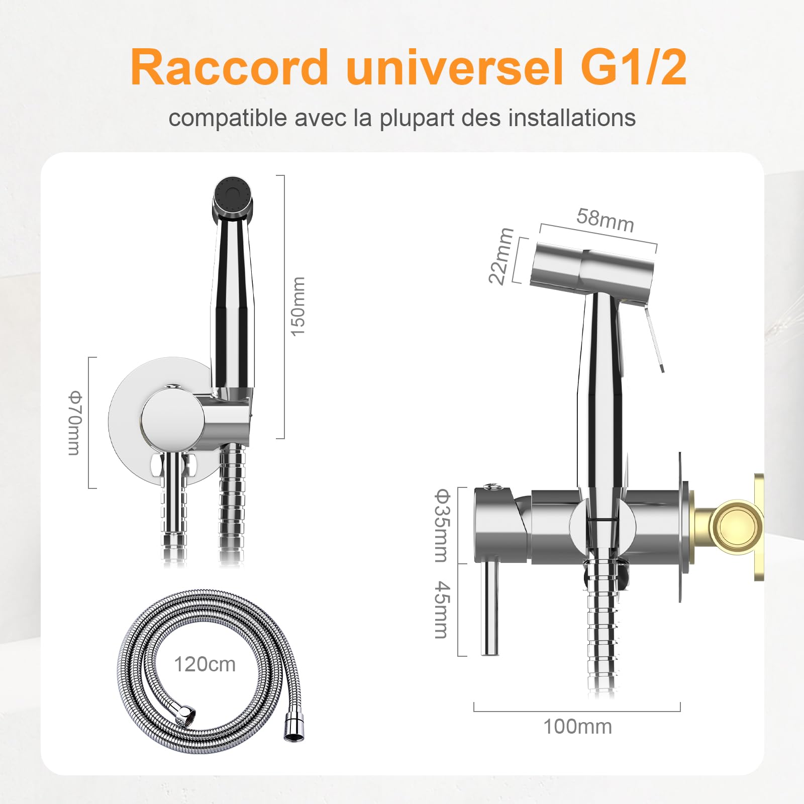 Ibergrif robinet WC et bidet argenté avec douchette | Mélangeur monocommande, support mural et tuyau en acier inoxydable 1,2 m