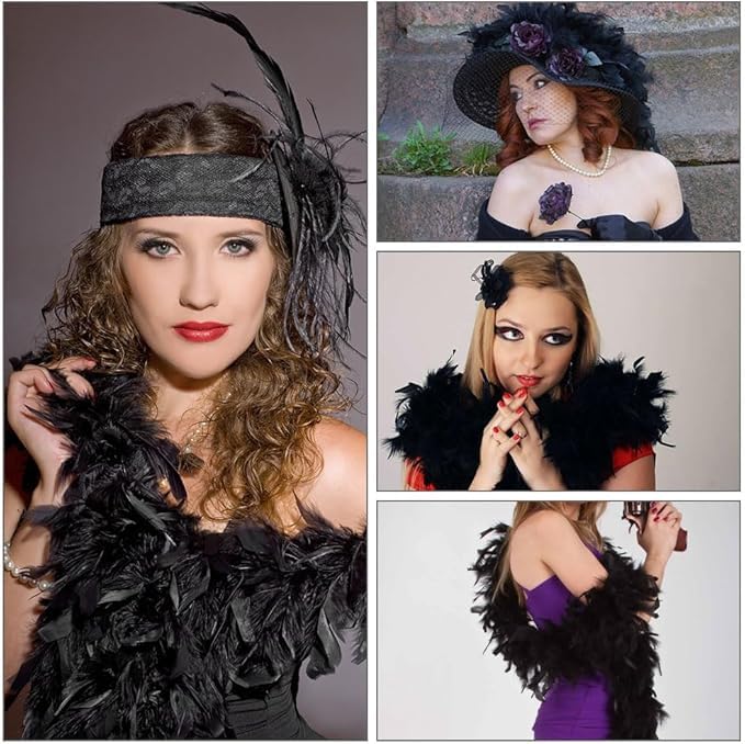 flintronic 2 M Boa di Piume, Colorate con Occhiali da Sole, Decorazione di Boa di Piume di Tacchino per Charleston, Flapper, Carnevale, Halloween, Nero