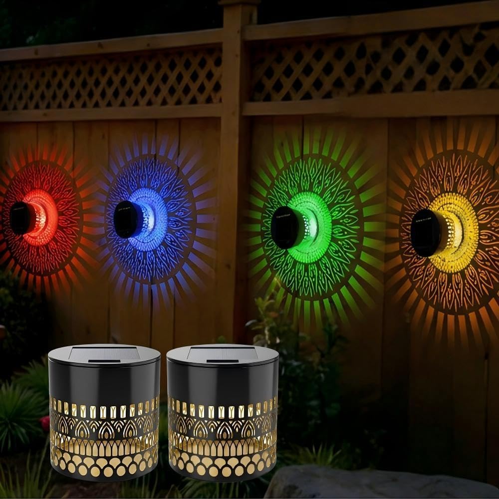 4 Pack Solar Mandala Wall Lights, Ip65 Waterproof Seven-Color Changing Decorative Solar Mandala Projection Lamp, Outdoor Waterproof Metal Fence Light for Yard Garden (1, Colour – Round)