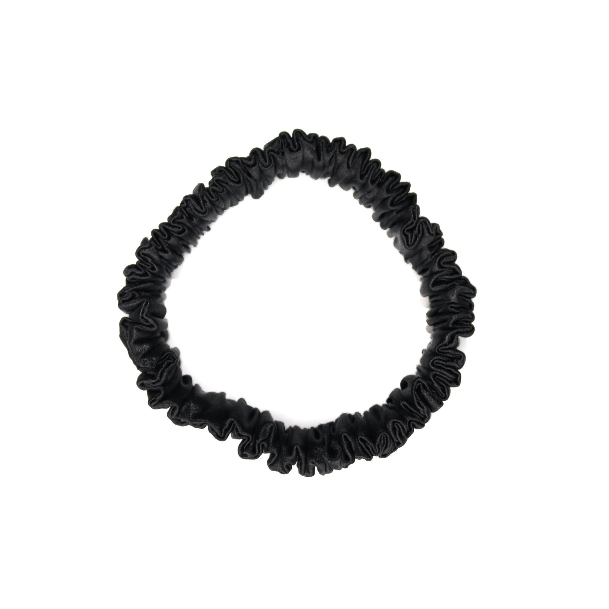 Waterlily Scrunchie 100% Mulberry Silk 22momme Skinny Thin Small Hair Ties Scrunchies for Women Soft Natural Care (black noir)