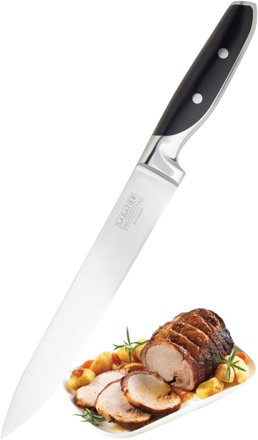 Sabatier Professional Long Carving Knife - 8in/20cm Full Tang Blade, Chrome Taper Ground Stainless Steel, Twin Rivet Comfort Handle
