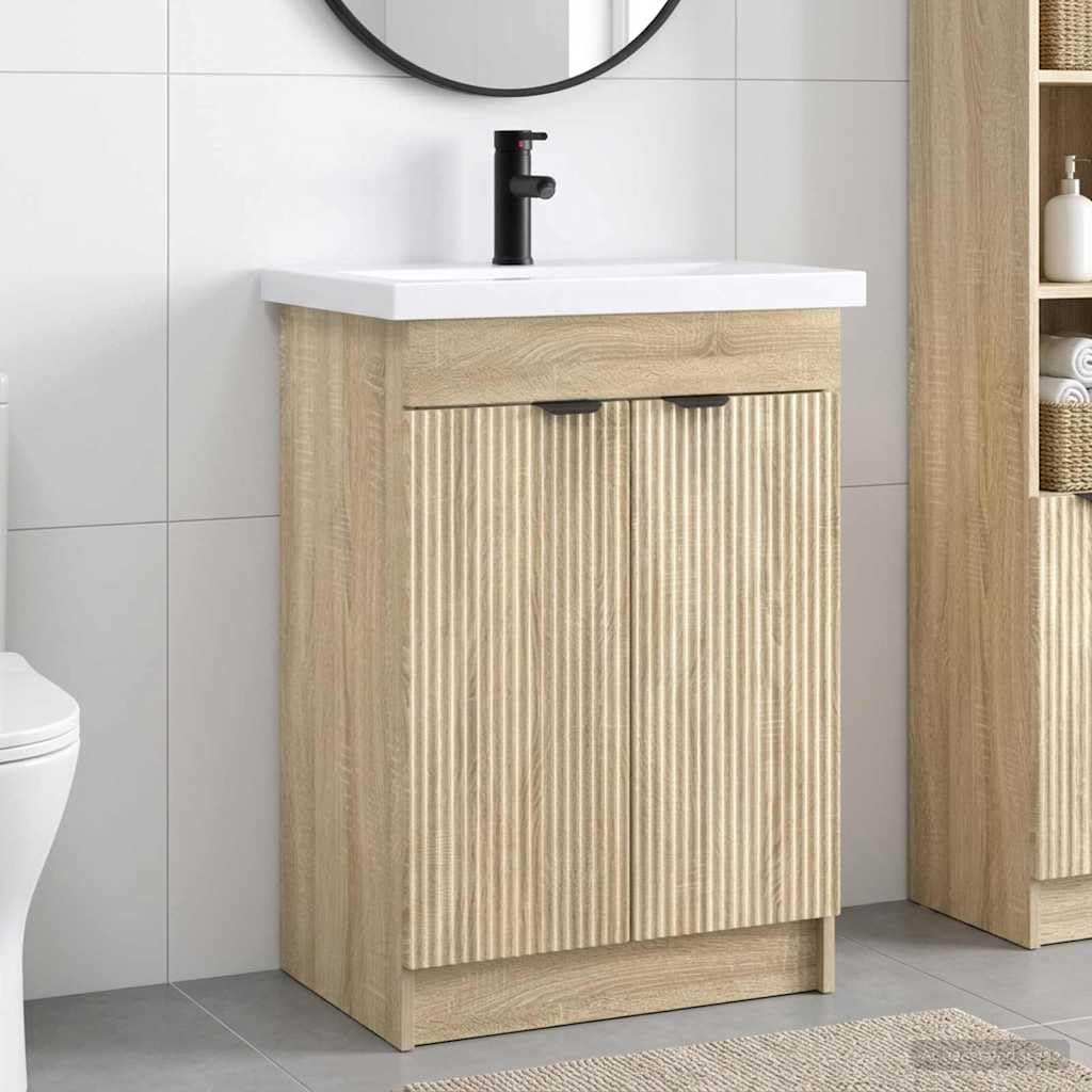 Zestaw mebli łazienkowych dąb Sonoma 78,5 x 37,5 x 81 cm z umywalką, kranem i miejscem do przechowywania, nowoczesny design, trwały materiał drewnopochodny, funkcjonalny do renowacji i montażu