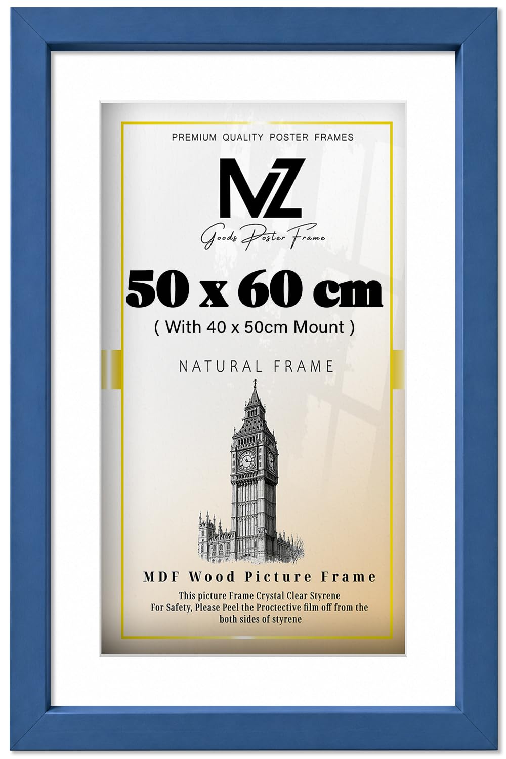 MZ GOODS | MDF Modern Certificate Frame (50 x 60 cm) With (19.68 x 15.74 Inch) White Mount Engineered Wood | 20 Inch x 24 Inch Artwork, Picture, Decorative Display Frame [ Blue ]