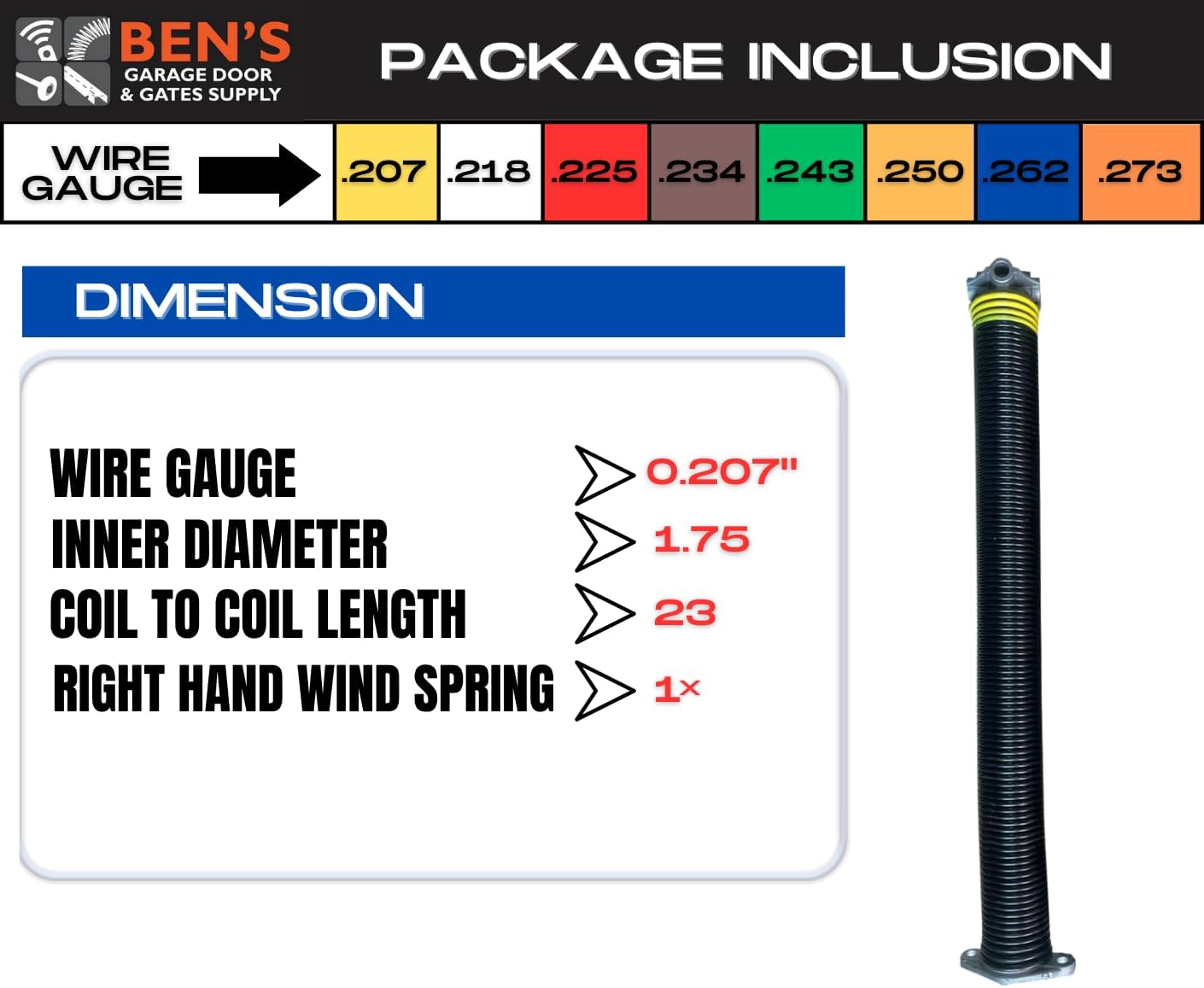 Garage Door Torsion Springs .207 x 1.75 x 23 (Right Wound) (Cone Color: Red)