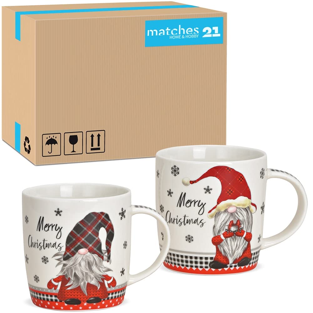 Matches21 - Tazas de café Merry Christmas, decoración navideña, gnomo gris y rojo, porcelana, 36 unidades, 12 x 9 x 8 cm, 340 ml