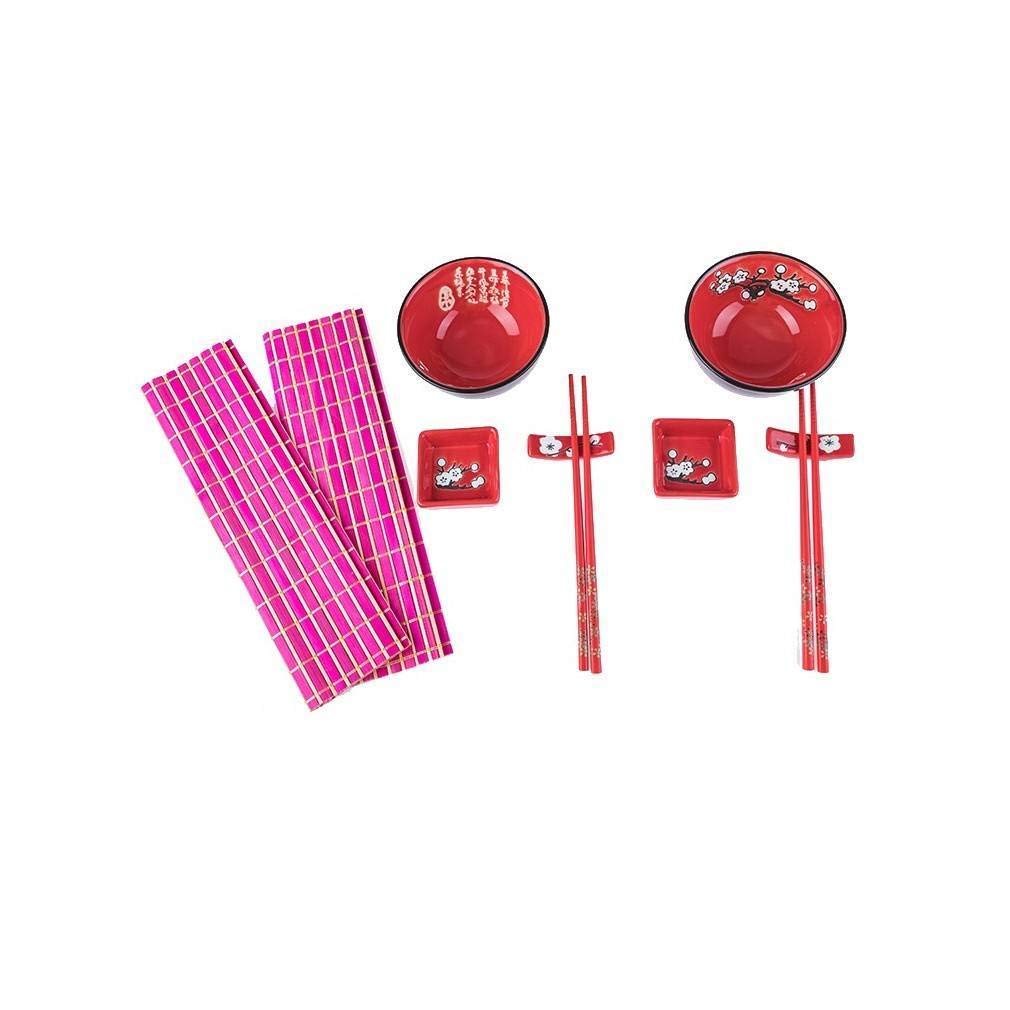 lachineuse - Set di riso tradizionale giapponese - Per 2 persone - Porcellana - Ciotole, pentole, bacchette e tappetino di bambù - Nero e rosso - Stoviglie cinesi - Regalo di porcellana asiatica