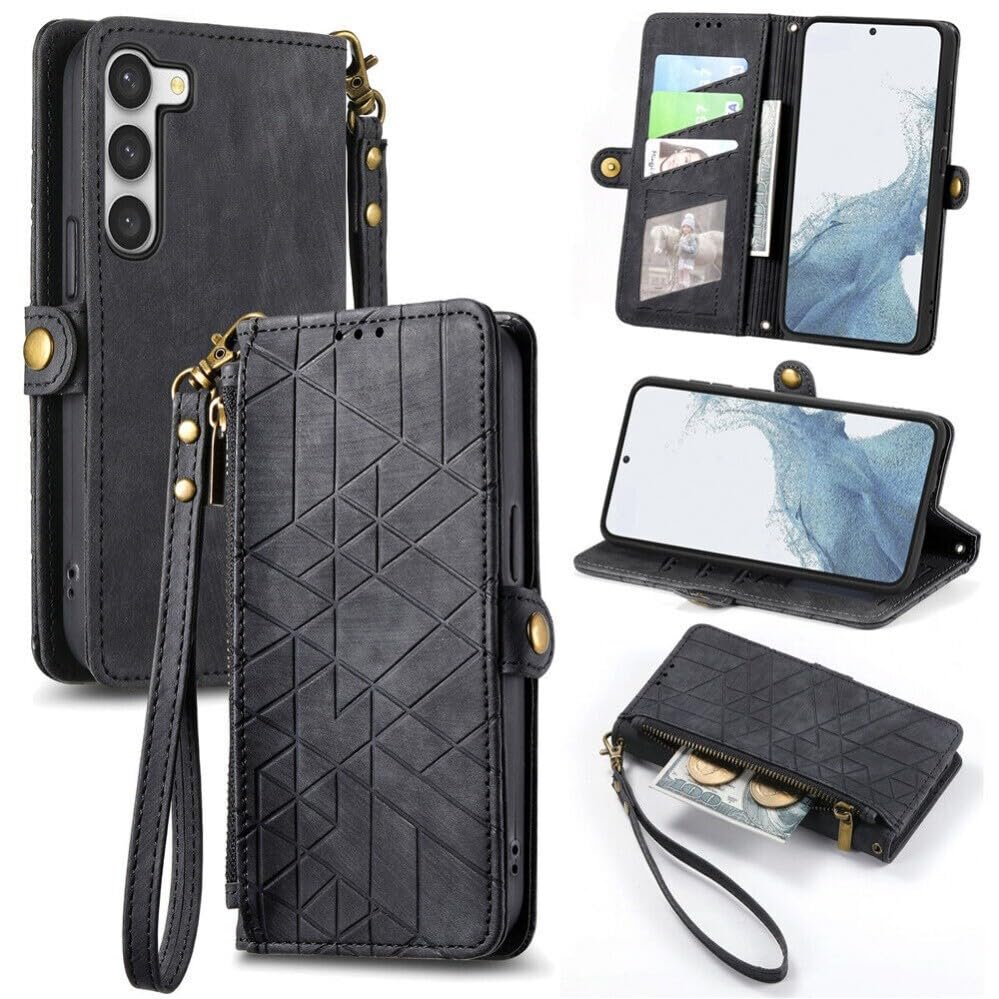 Étui Samsung S22 cuir noir avec pochette fermeture éclair intégrée
