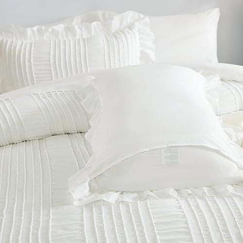 Miniatura 8 de WONGS BEDDING Juego de edredón tamaño Queen, bonito edredón blanco con volantes para cama Queen, 7 piezas de ropa de cama en una bolsa, juego de