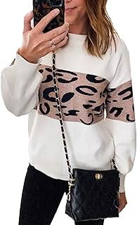PRETTYGARDEN Women’s Casual Long Sleeve Off Shoulder Knitted Sweater Leopard Print Color Block Loose Pullover Tops