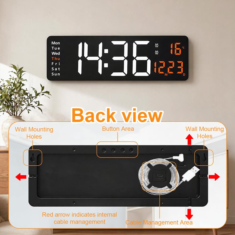 Orologio da parete digitale grande da 40,6 cm, grande orologio digitale a LED con telecomando, visualizzazione della data della settimana, doppio allarme, 12/24 ore, dimmer a 10 livelli, timer conto