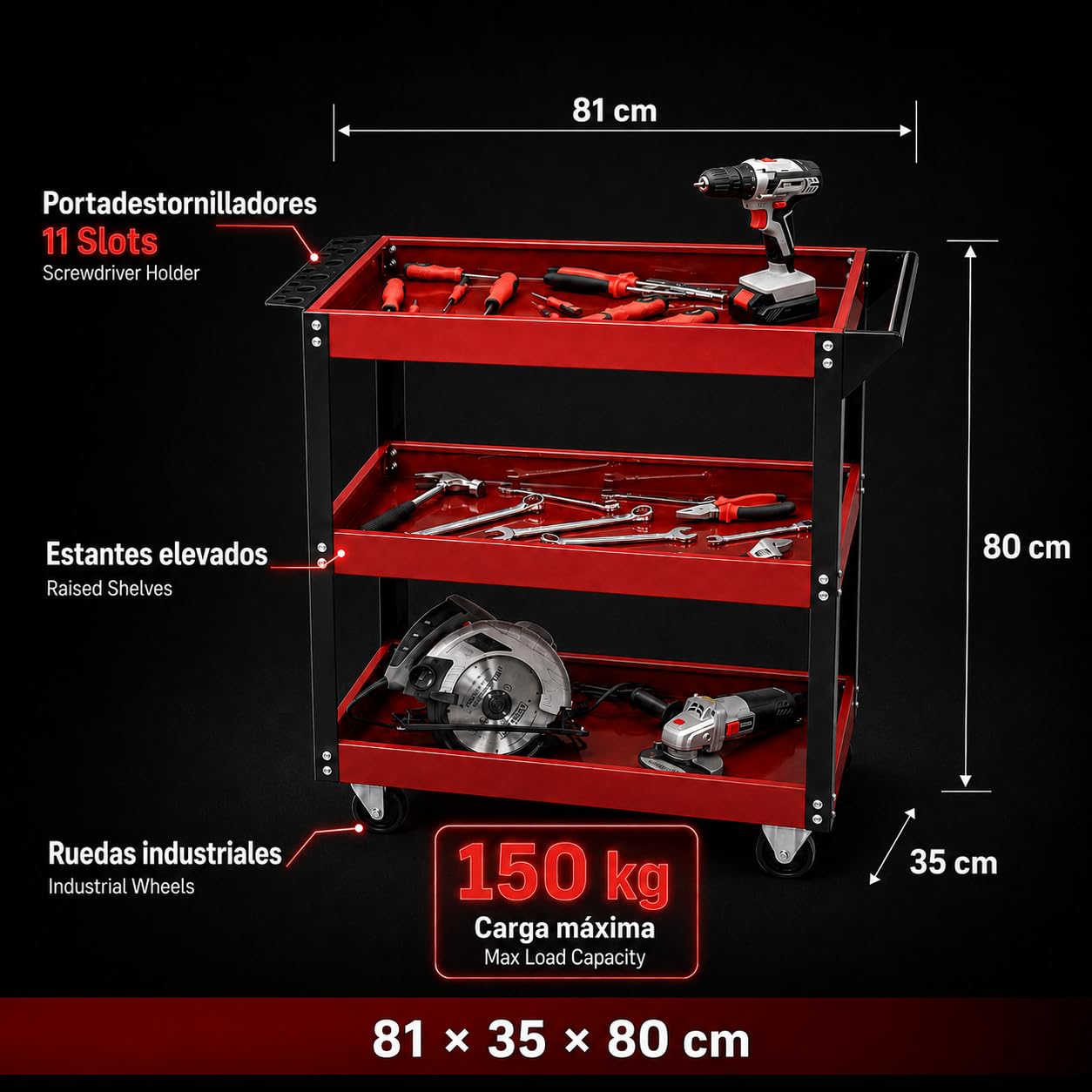 Carrito portaherramientas 3 estantes de Acero 83 x 35 x 76 cm, Multiusos para Oficina, Rojo, Soporte de 75 kg
