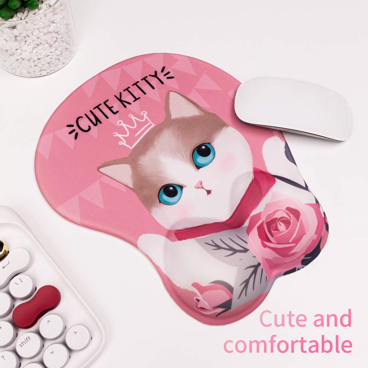 Tappetino per mouse con protezione per polso con artiglio di gatto tridimensionale cartone animato (rosa