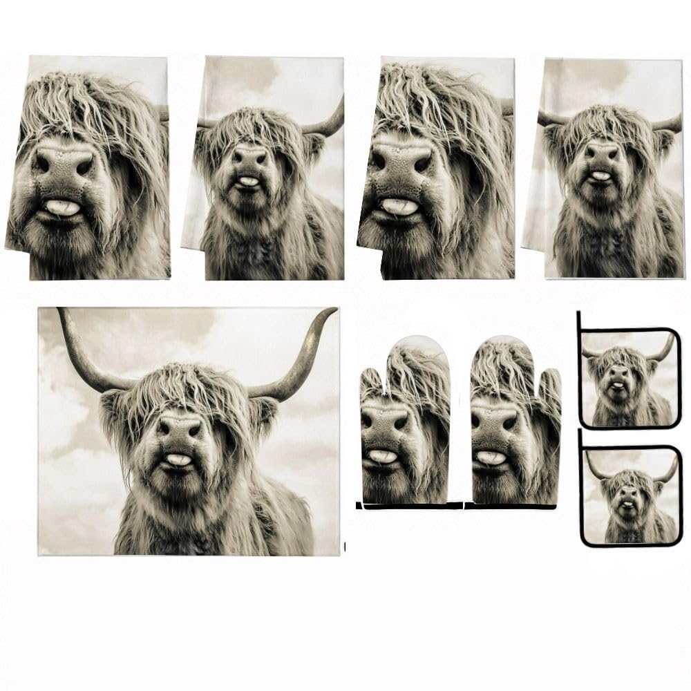 9PCS Divertente Highland Cow Cucina Decor e Accessori Set